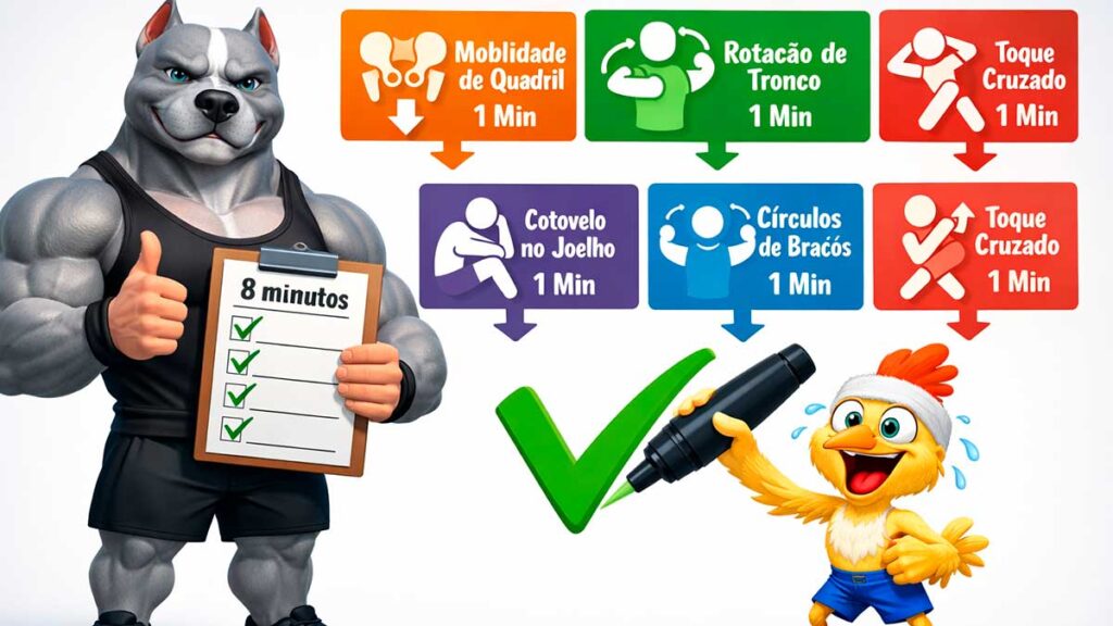 Checklist visual do aquecimento de 8 minutos com Pitbull e Franguinho marcando os 8 exercícios.