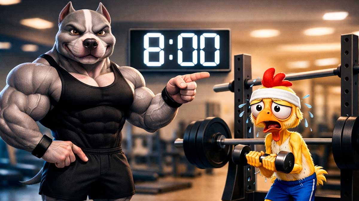 Pitbull personal aponta para cronômetro de 8 minutos enquanto Franguinho ofega na academia.