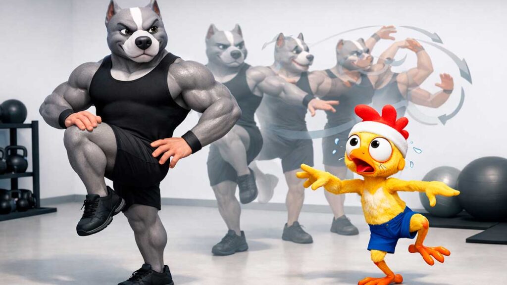 Demonstração do aquecimento: Pitbull faz mobilidade de quadril e Franguinho tenta acompanhar.