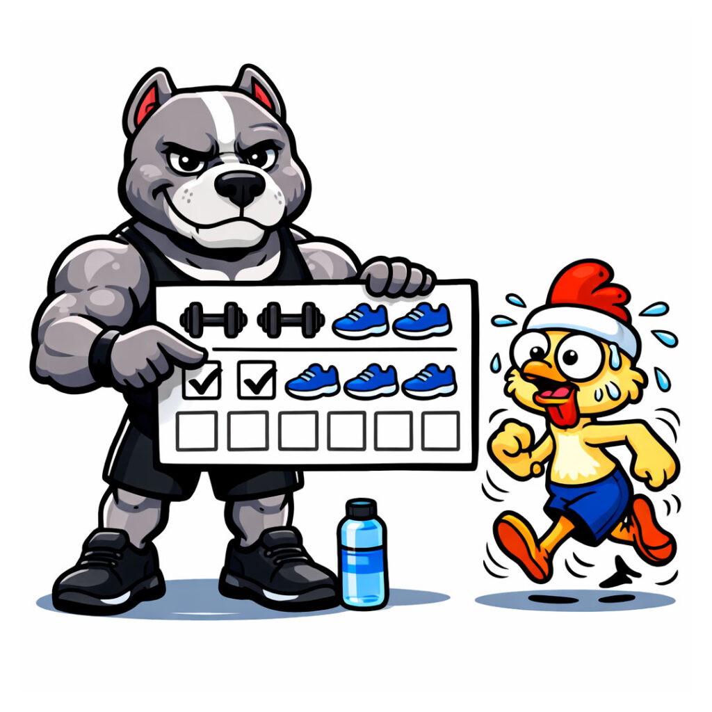 Comece aqui: o guia da Frangologia (do zero ao resultado) — primeiros 7 dias Pitbull mostra um calendário de 7 dias com ícones de treino e caminhada enquanto Franguinho tenta acompanhar andando.