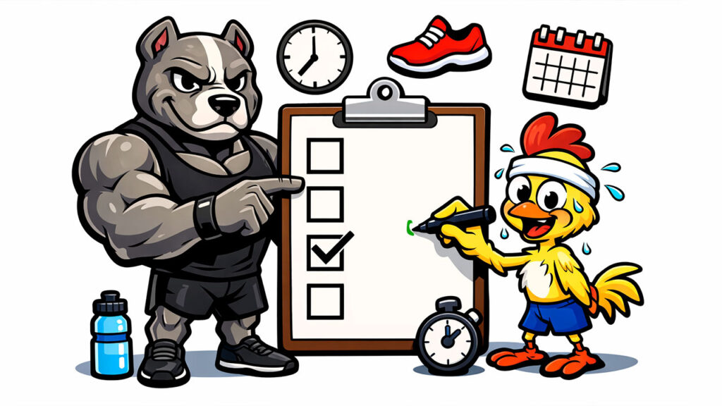 Pitbull aponta para uma prancheta de checkboxes enquanto Franguinho marca um item do checklist do treino.