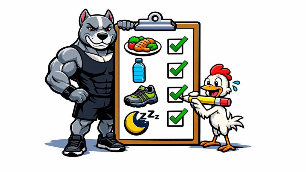 Pitbull mostra prancheta com ícones de hábitos para déficit calórico, enquanto Franguinho marca um checklist visual.