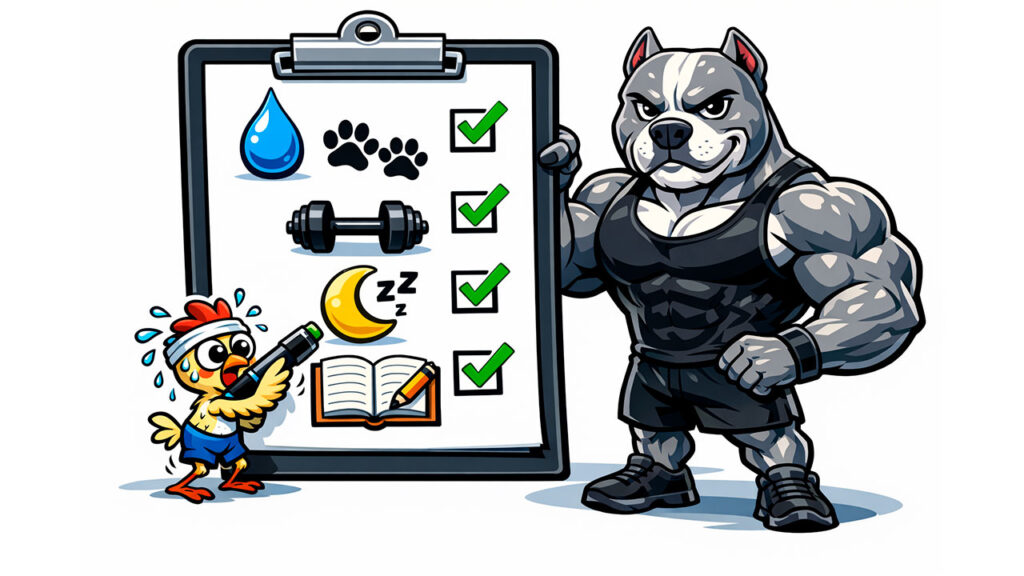 Comece aqui: o guia da Frangologia (do zero ao resultado) — primeiros 7 dias Checklist visual da semana 1 com Pitbull segurando prancheta de ícones e Franguinho marcando uma caixa com orgulho.