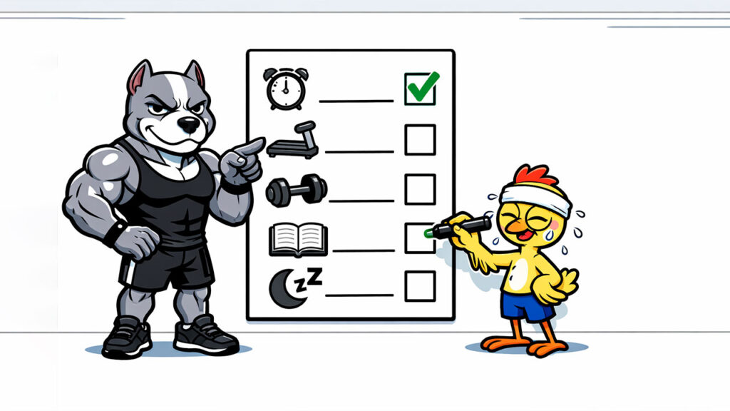 Pitbull aponta para um checklist visual de treino enquanto Franguinho marca os itens com uma caneta, ainda suando.
