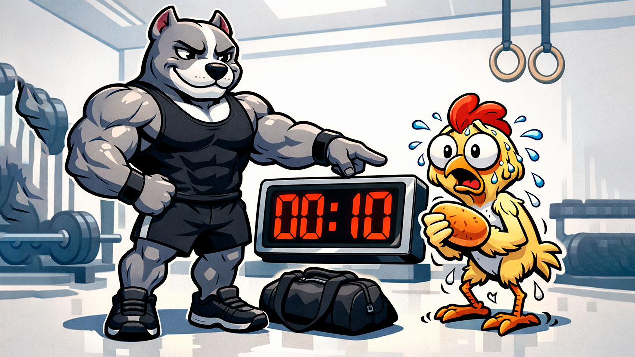 Pitbull aponta para um cronômetro enquanto Franguinho suando segura um pão na academia.