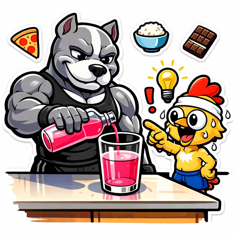 Pitbull despeja líquido rosa em um copo sem encher até o topo, enquanto Franguinho aponta para o espaço do déficit calórico.