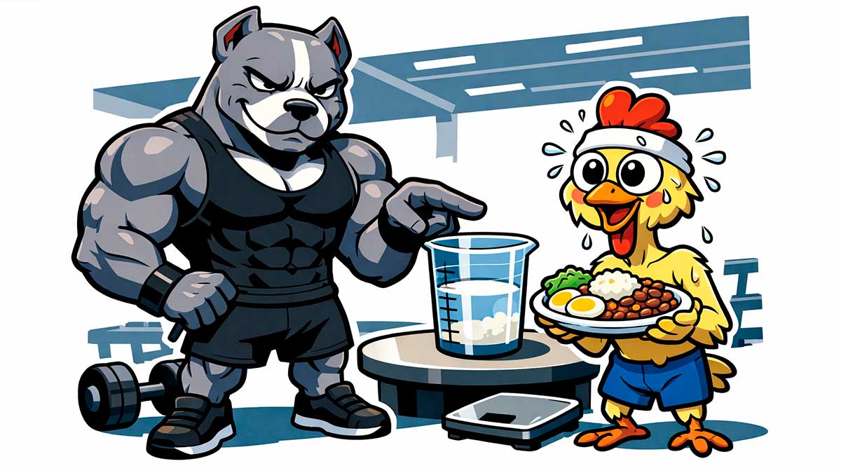 Pitbull personal aponta para copo medidor com espaço vazio, enquanto Franguinho segura prato variado mostrando déficit calórico sem sofrimento.