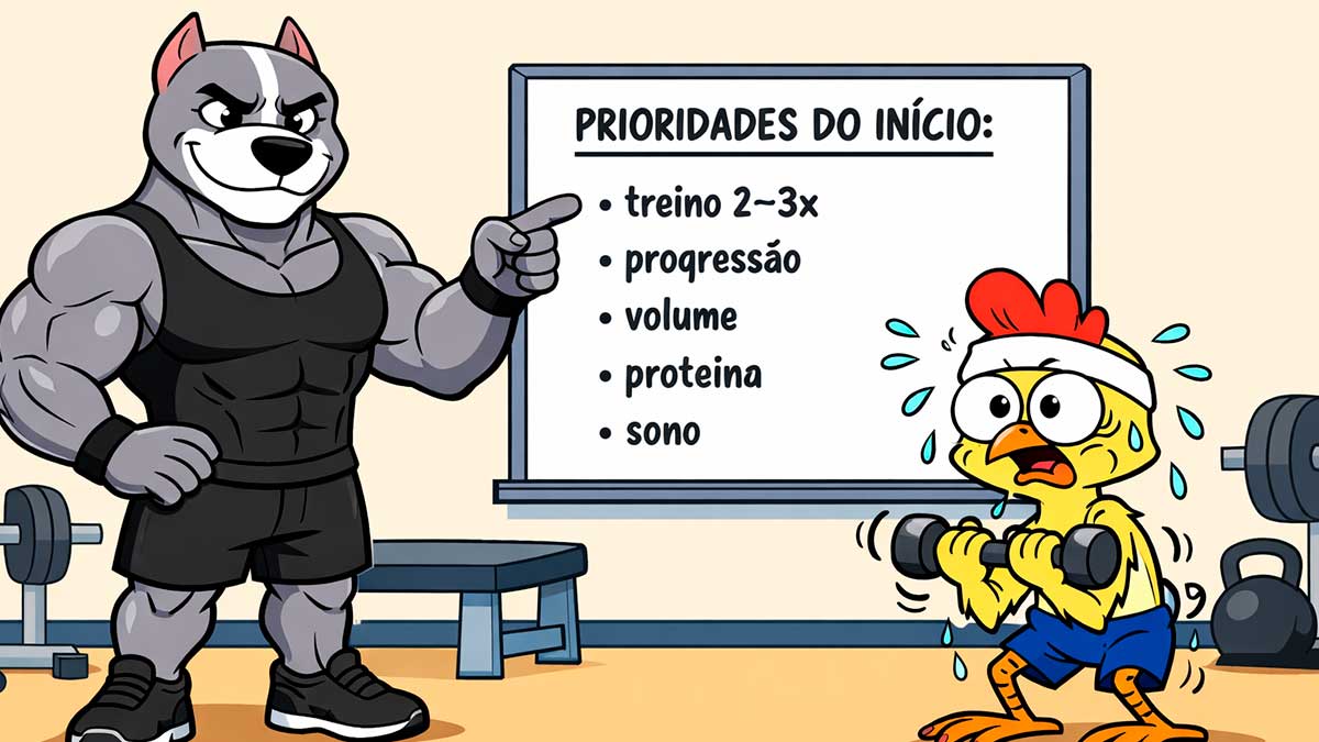 Pitbull personal aponta prioridades da hipertrofia no quadro enquanto Franguinho treme levantando um halter.