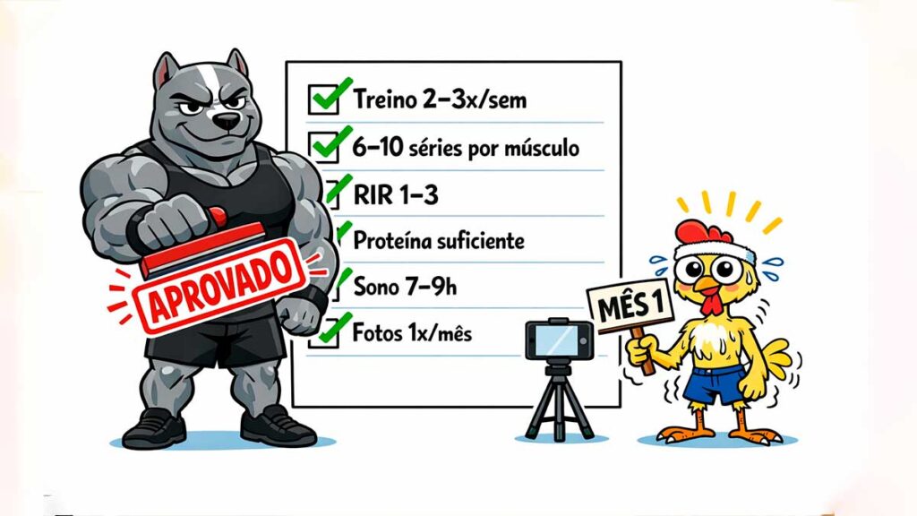 Hipertrofia para iniciantes: as prioridades que mais dão resultado no começo Ilustração 2D em formato checklist de hipertrofia para iniciantes com Pitbull carimbando aprovado e Franguinho posando.