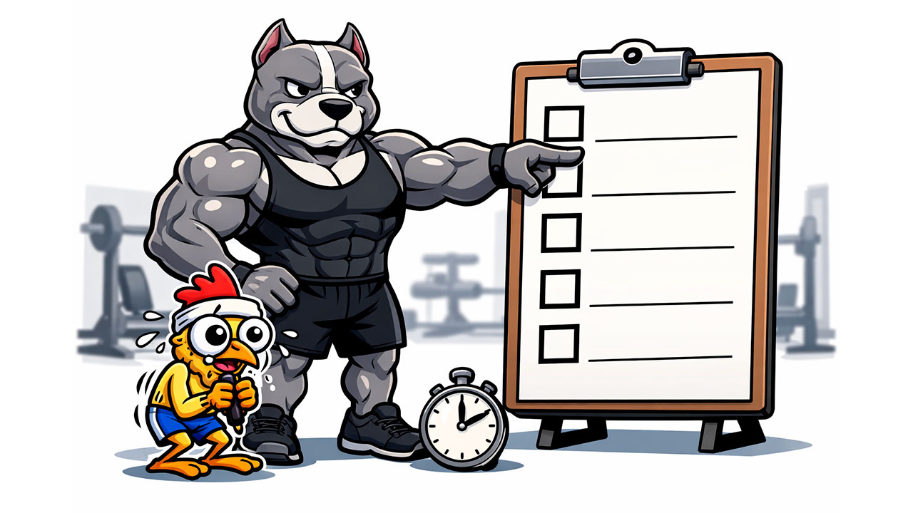 Pitbull aponta para um checklist de 7 dias enquanto Franguinho treme suando na academia.