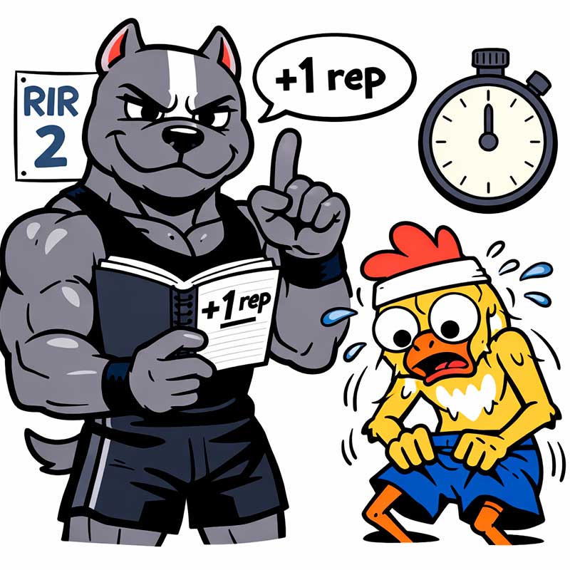 Hipertrofia para iniciantes: as prioridades que mais dão resultado no começo Ilustração 2D do Pitbull mostrando logbook e Franguinho tentando anotar desesperado.