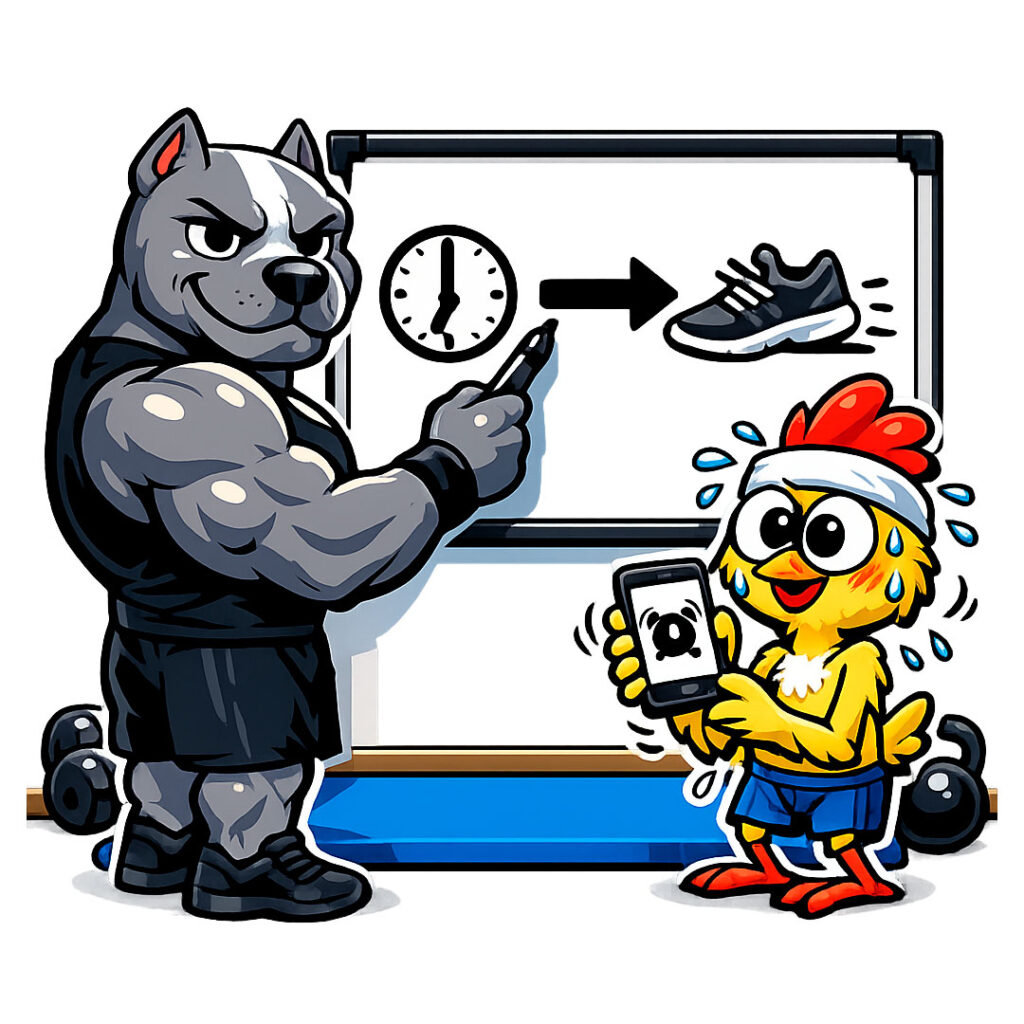 Pitbull mostra o plano “SE… ENTÃO…” em símbolos no quadro enquanto Franguinho segura um celular com alarme.