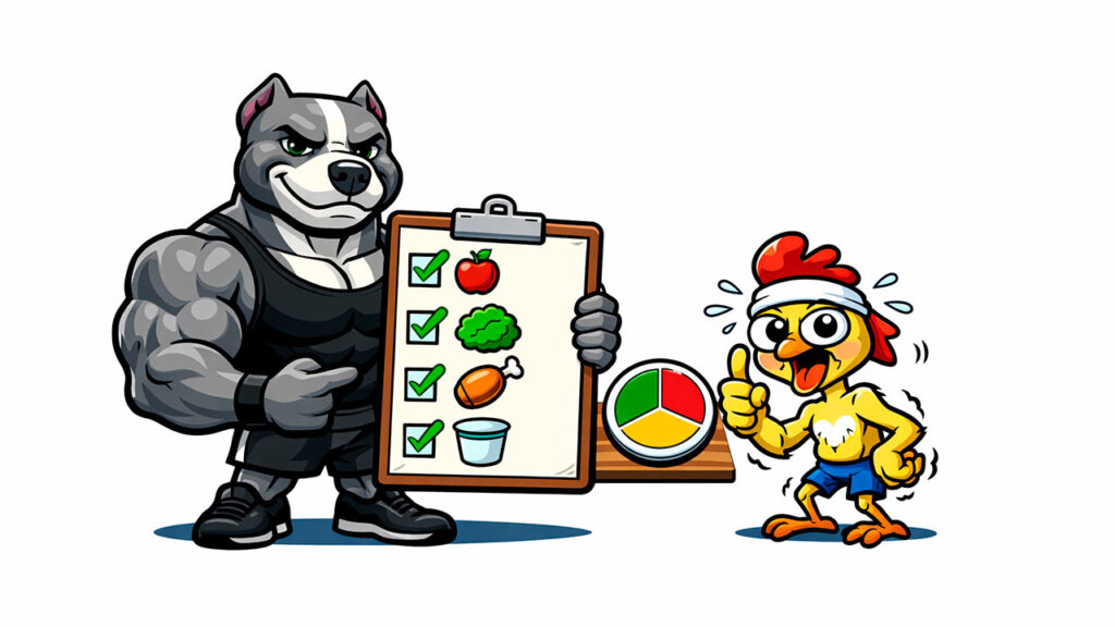 O prato do Franguinho: refeição simples para resultado (sem dieta maluca) Pitbull mostra uma prancheta com checkboxes e ícones de alimentação enquanto Franguinho faz joinha suando.