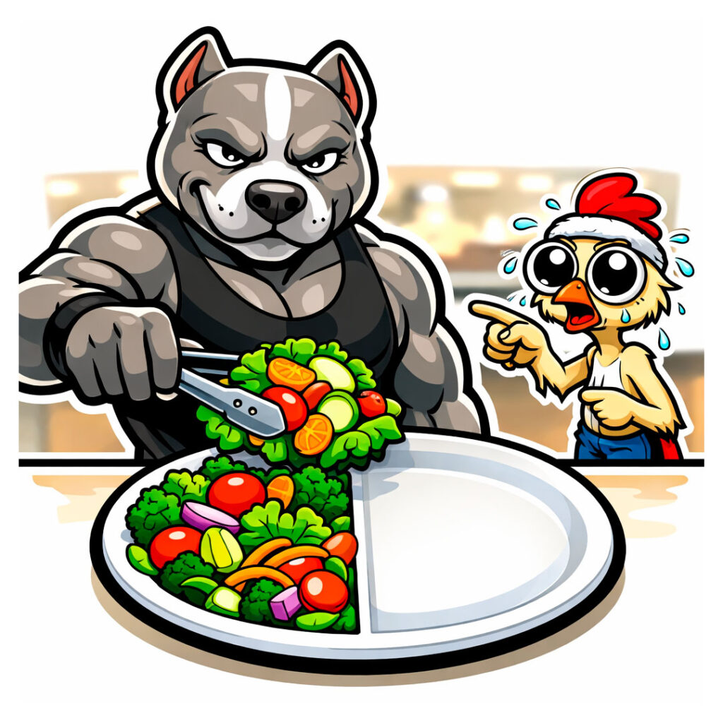 O prato do Franguinho: refeição simples para resultado (sem dieta maluca) Pitbull monta o prato no self-service começando pelos vegetais enquanto Franguinho tenta apontar para o carbo.