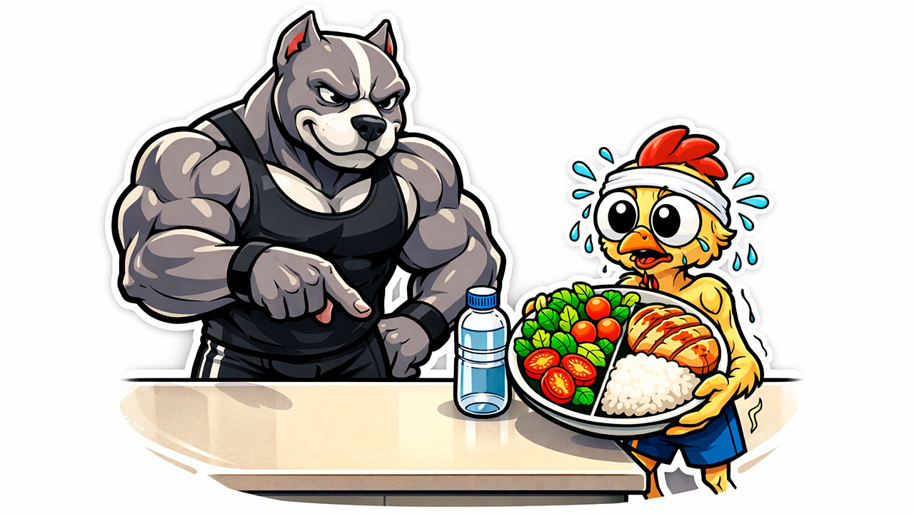 Pitbull aponta para um prato dividido (vegetais, proteína e carbo) enquanto Franguinho segura o prato suando.