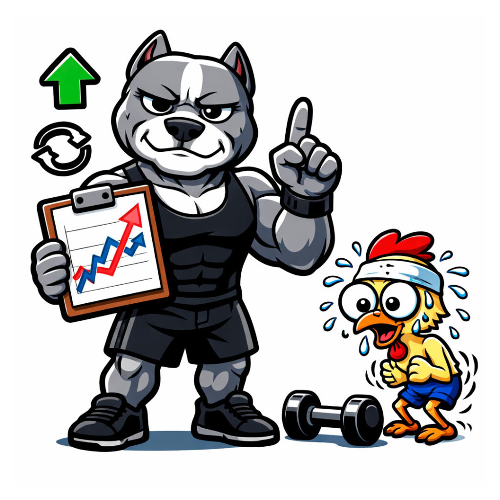 Pitbull segura uma prancheta de progressão enquanto Franguinho olha assustado para um halter pequeno, suando e tremendo.
