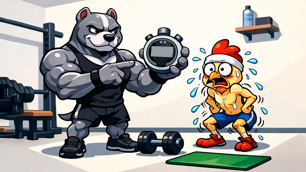 Pitbull aponta para um cronômetro enquanto Franguinho faz agachamento torto na academia.